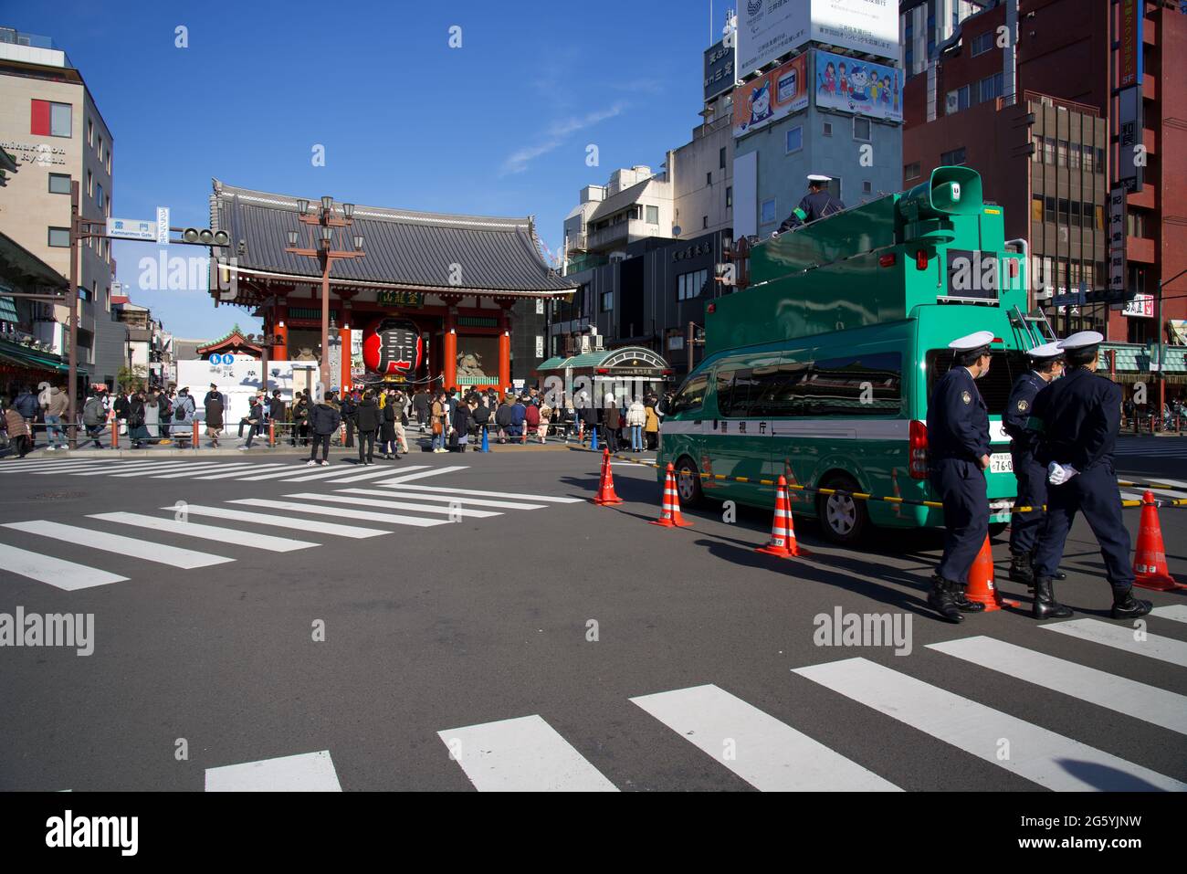 Japanese police sound truck outside Kaminari-mon gate, Sensoji Temple, Asakusa, during Japanese New Year holidays Stock Photo
