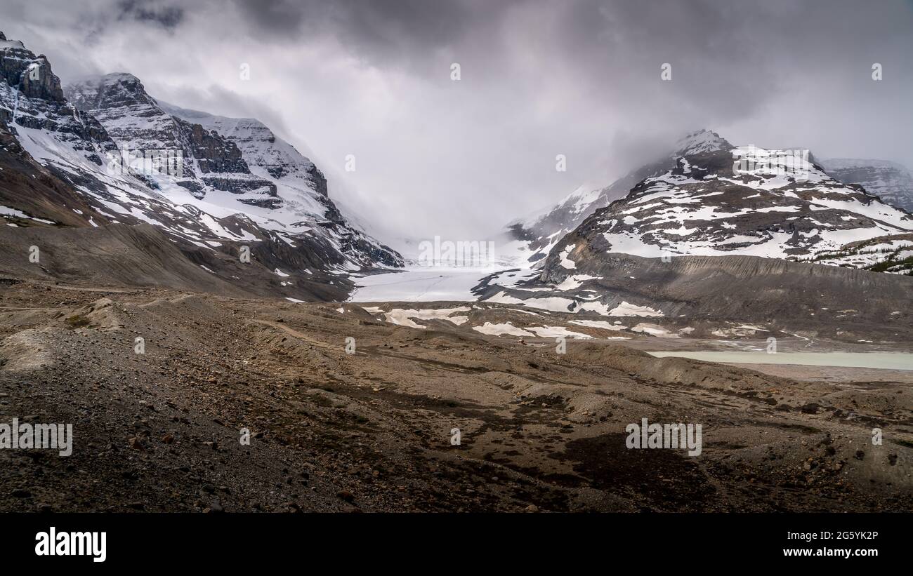 The famous Athabasca Glacier in the Columbia Icefields in Jasper National Park, Alberta, Canada Stock Photo