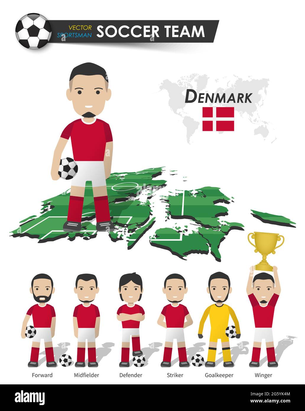 Denmark national soccer cup team . Football player with sports jersey stand on perspective field country map and world map . Set of footballer positio Stock Vector