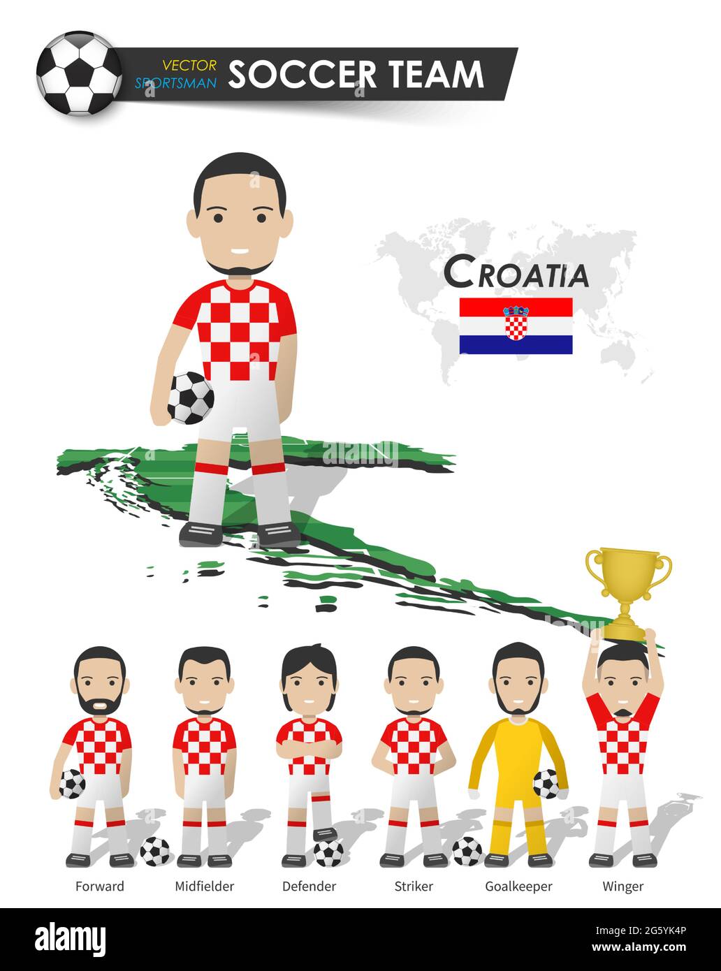 Croatia national soccer cup team . Football player with sports jersey stand on perspective field country map and world map . Set of footballer positio Stock Vector