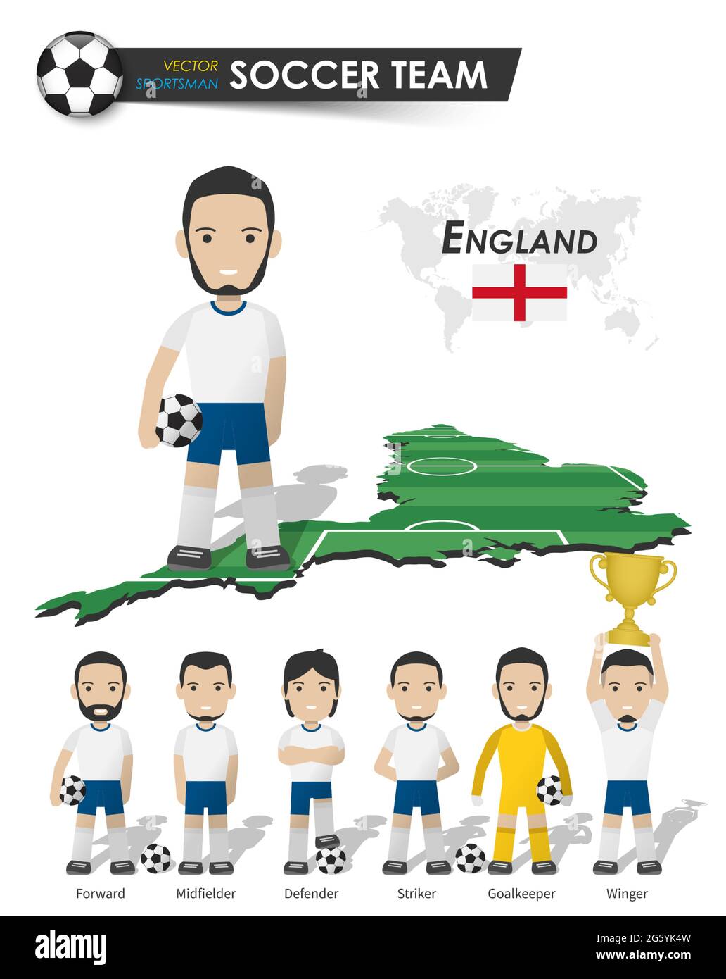 England national soccer cup team . Football player with sports jersey stand on perspective field country map and world map . Set of footballer positio Stock Vector