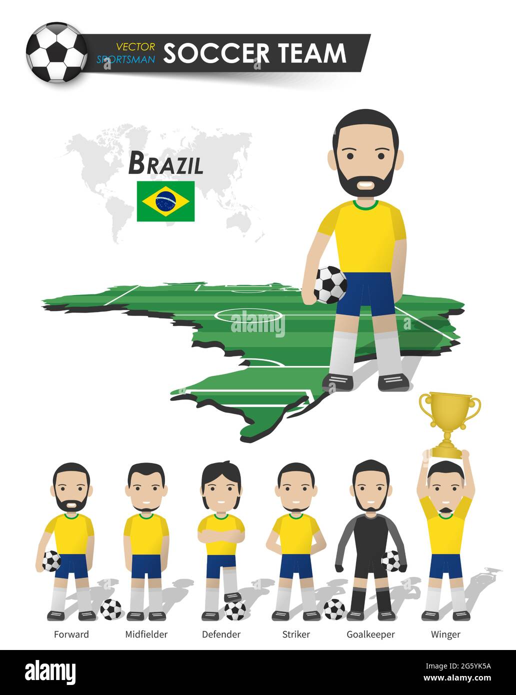 Brazil national soccer cup team . Football player with sports jersey stand on perspective field country map and world map . Set of footballer position Stock Vector