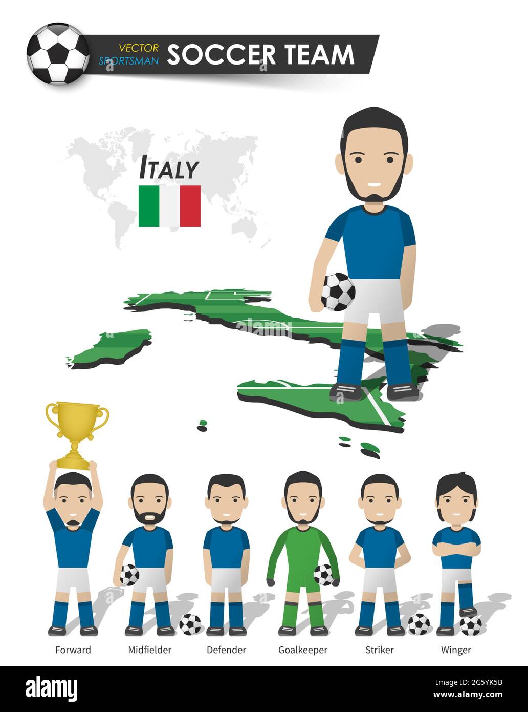 Italy national soccer cup team . Football player with sports jersey stand on perspective field country map and world map . Set of footballer positions Stock Vector