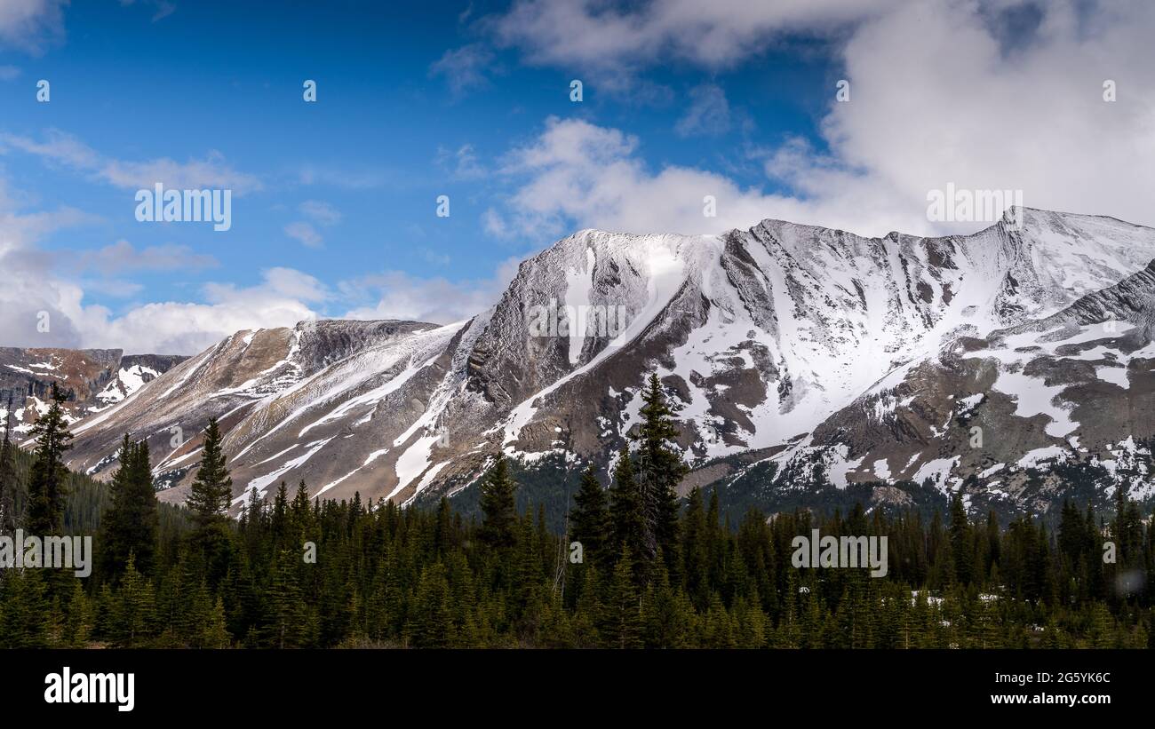 The snow covered peaks of Parker Ridge along the Icefields Parkway in Jasper National Park, Alberta, Canada Stock Photo