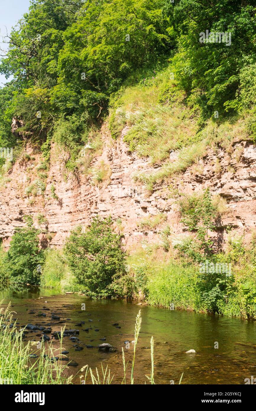 Outcrops of red sandstone by the river Jed Water in Jedburgh, Scotland, UK Stock Photo