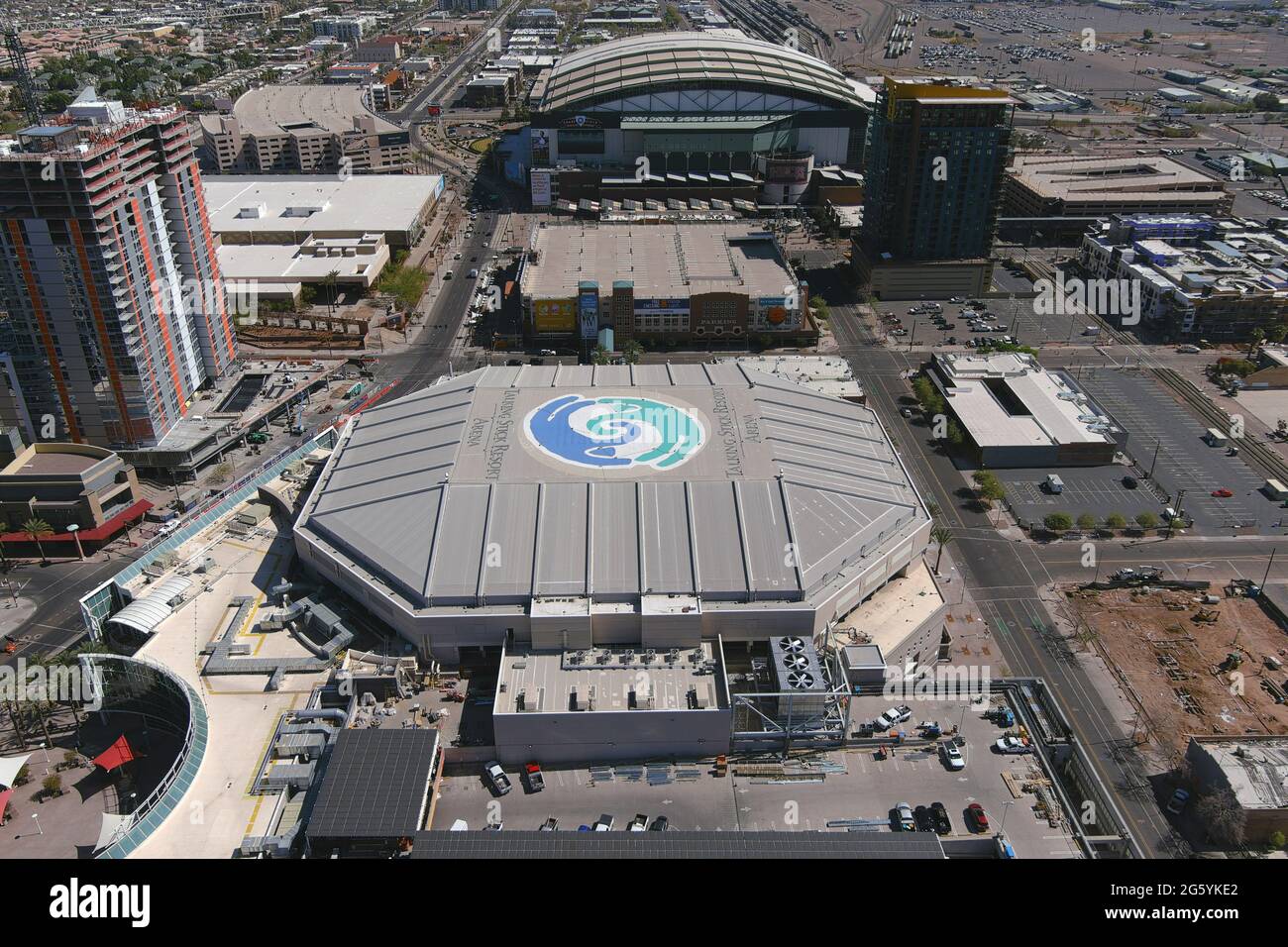 An aerial view of Phoenix Suns Arena (foreground) and Chase Field