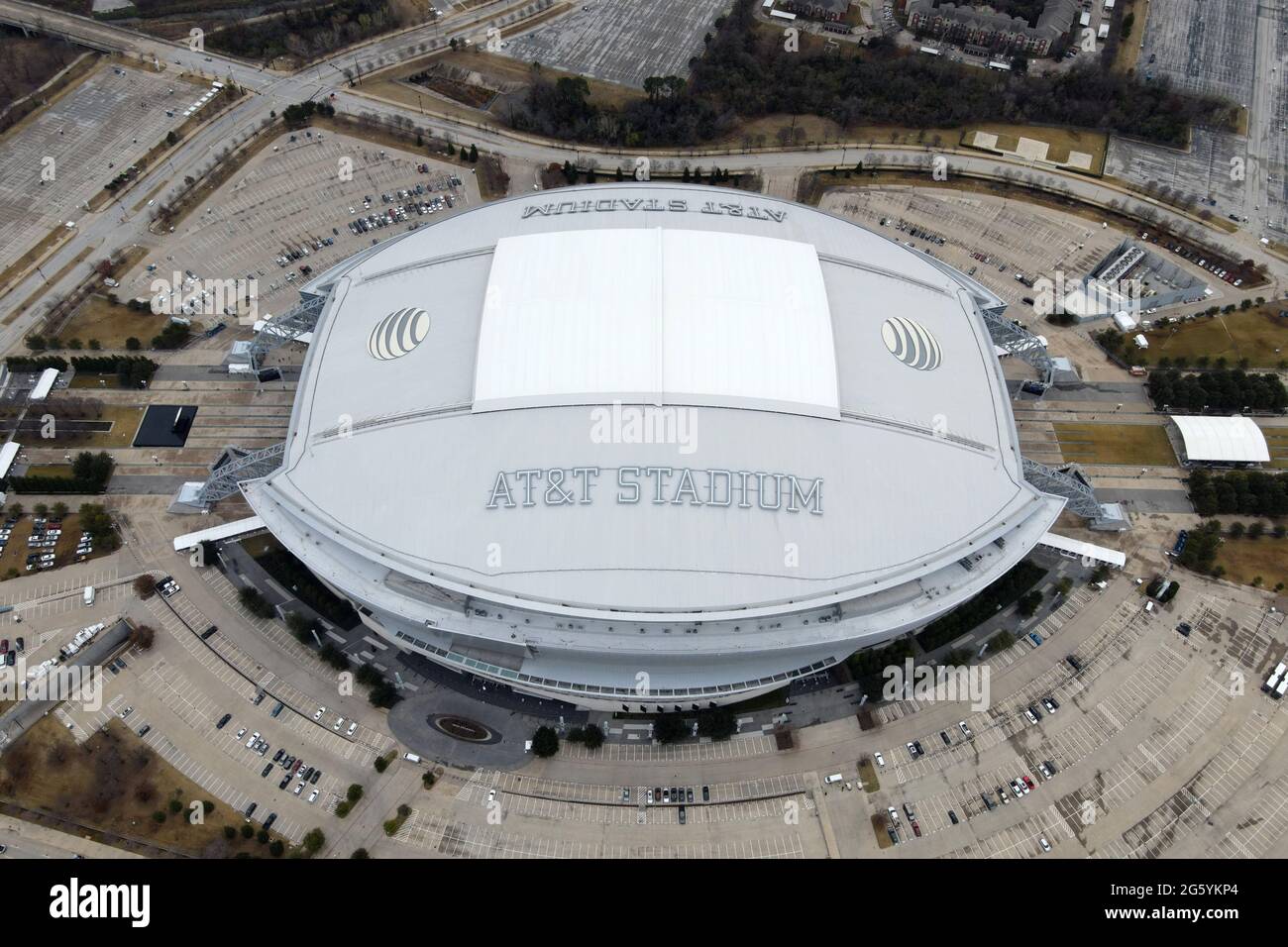 An aerial view of AT&T Stadium, Friday, Jan. 1, 2021, in Arlington, Tex. The stadium is the home of the Dallas Cowboys. Stock Photo