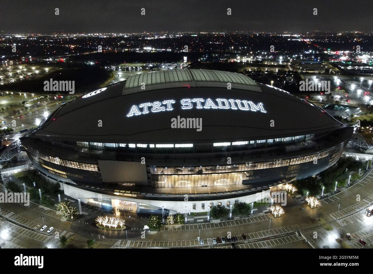 An aerial view of AT&T Stadium, Friday, Jan. 1, 2021, in Arlington, Tex. The stadium is the home of the Dallas Cowboys. Stock Photo