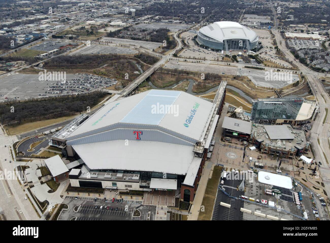 An aerial view of Globe Life Field and AT&T Stadium, Friday, Jan. 1