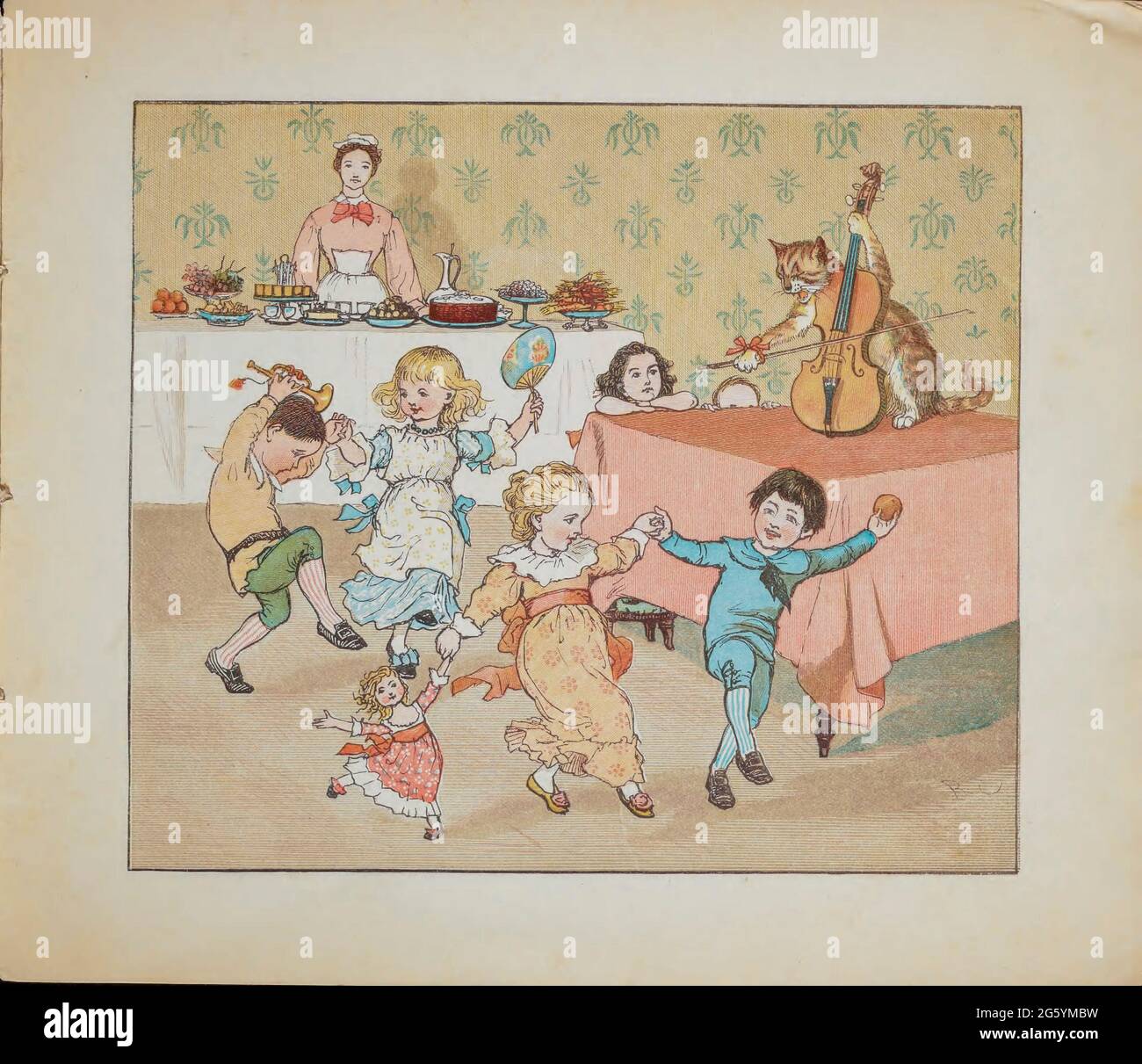 Hey, diddle, diddle, the cat and the fiddle / The cow jumped over the moon / The little dog laughed to see such fun / And the dish ran away with the spoon. from the book  ' Hey diddle diddle and Baby bunting ' by Randolph Caldecott, Published in London by George Routledge & Sons in 1882 Stock Photo