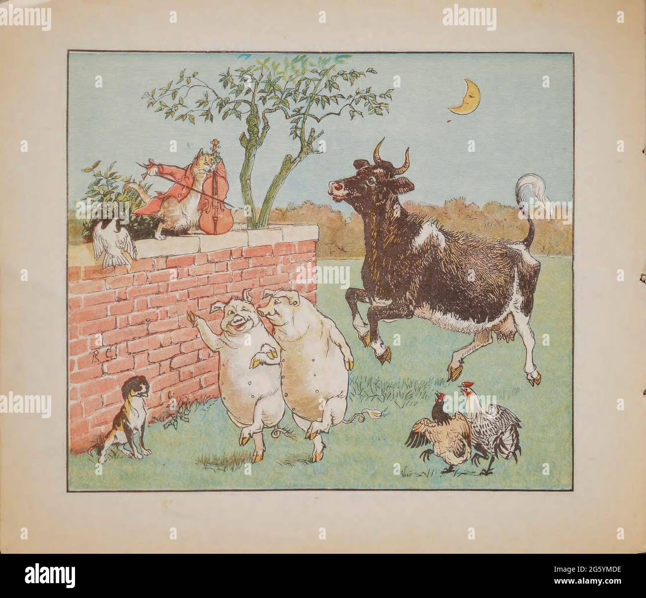 Hey, diddle, diddle, the cat and the fiddle / The cow jumped over the moon / The little dog laughed to see such fun / And the dish ran away with the spoon. from the book  ' Hey diddle diddle and Baby bunting ' by Randolph Caldecott, Published in London by George Routledge & Sons in 1882 Stock Photo