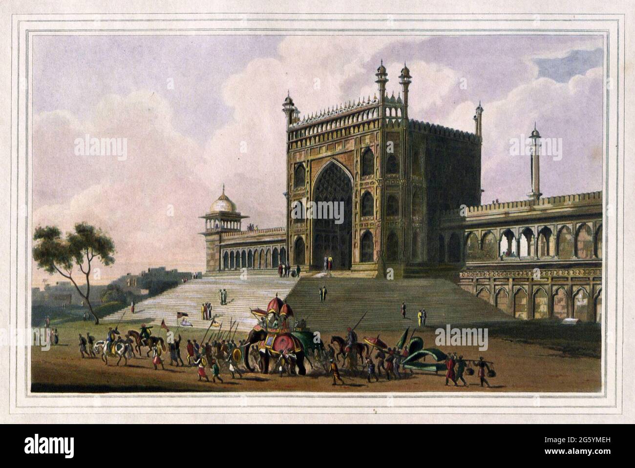 Eastern Gate of the Jummah Musjid at Delhi [Here as  JUMMA MUSJED] From the book ' Oriental scenery: one hundred and fifty views of the architecture, antiquities and landscape scenery of Hindoostan ' by Thomas Daniell, and William Daniell, Published in London by the Authors January 1, 1812 Stock Photo