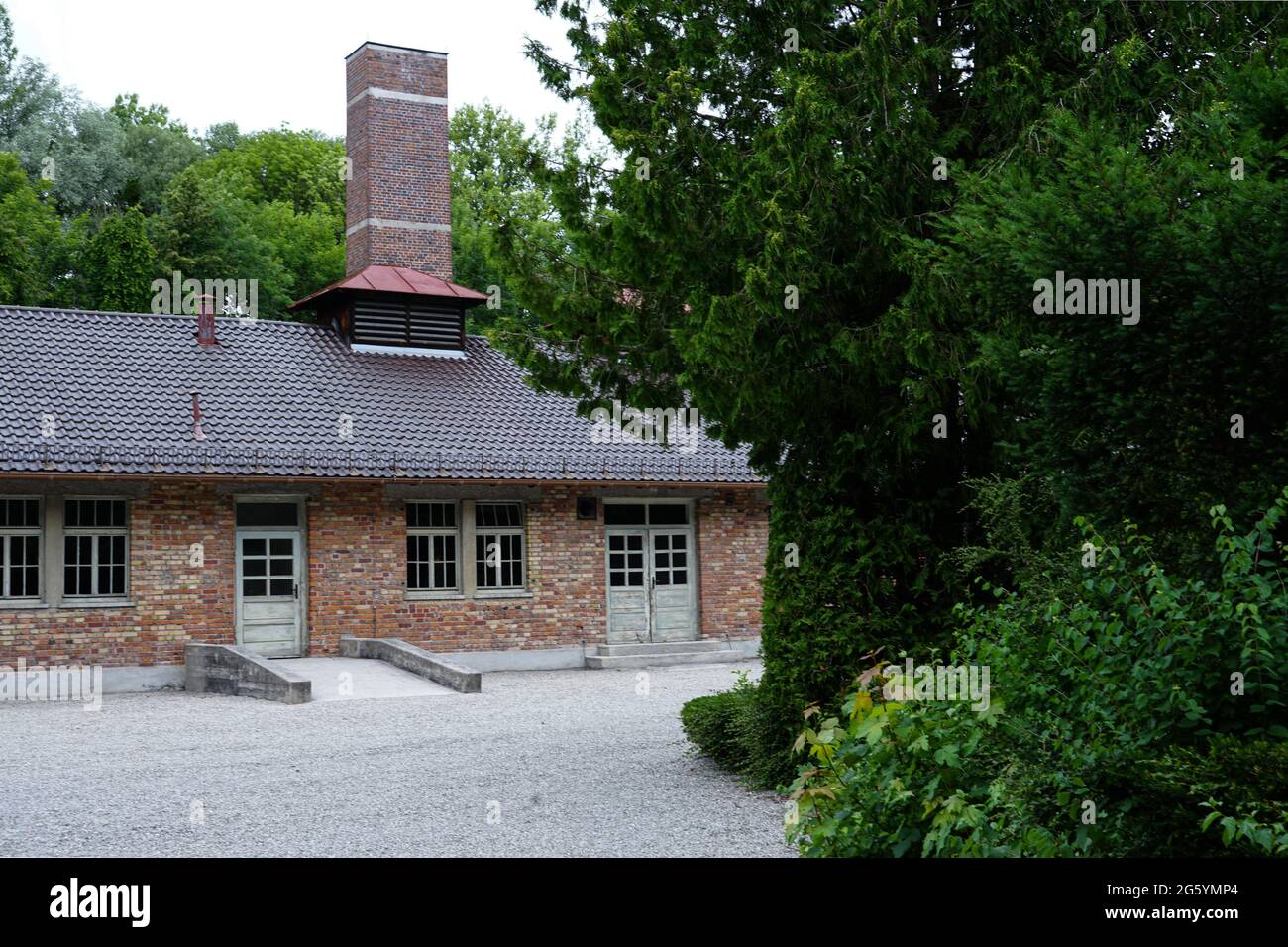 The former New Crematorium with Gas Chamber, called 'Barrack X', was built in 1942. It contained a crematorium with four incinerators. Stock Photo