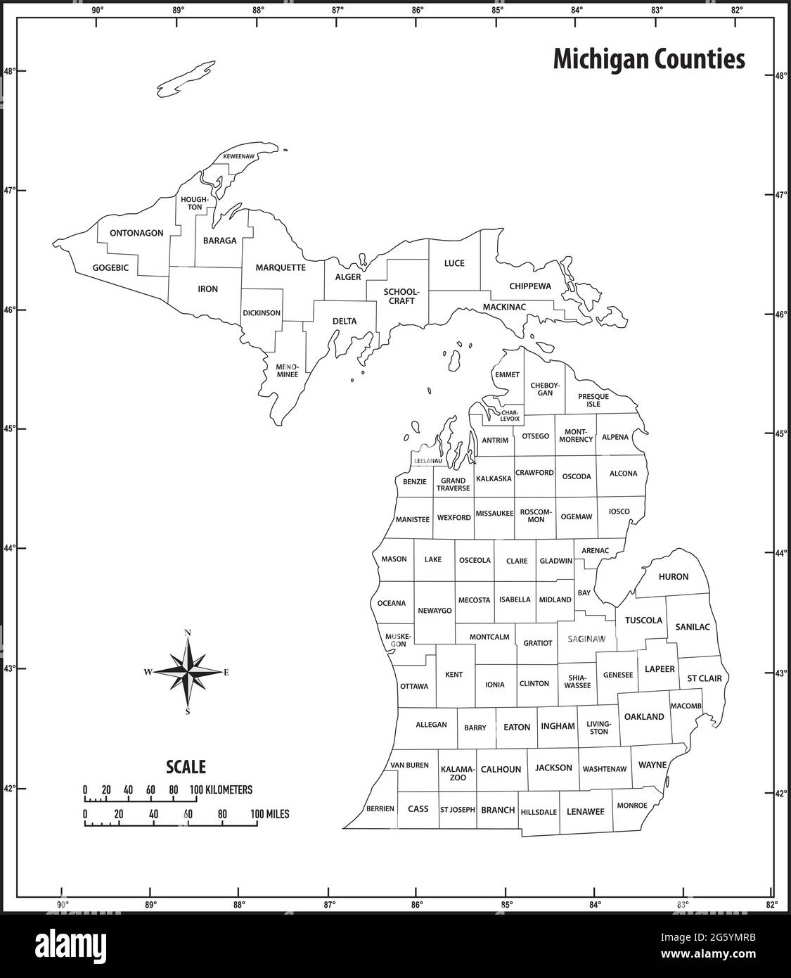 michigan state outline administrative and political vector map in black and white Stock Vector