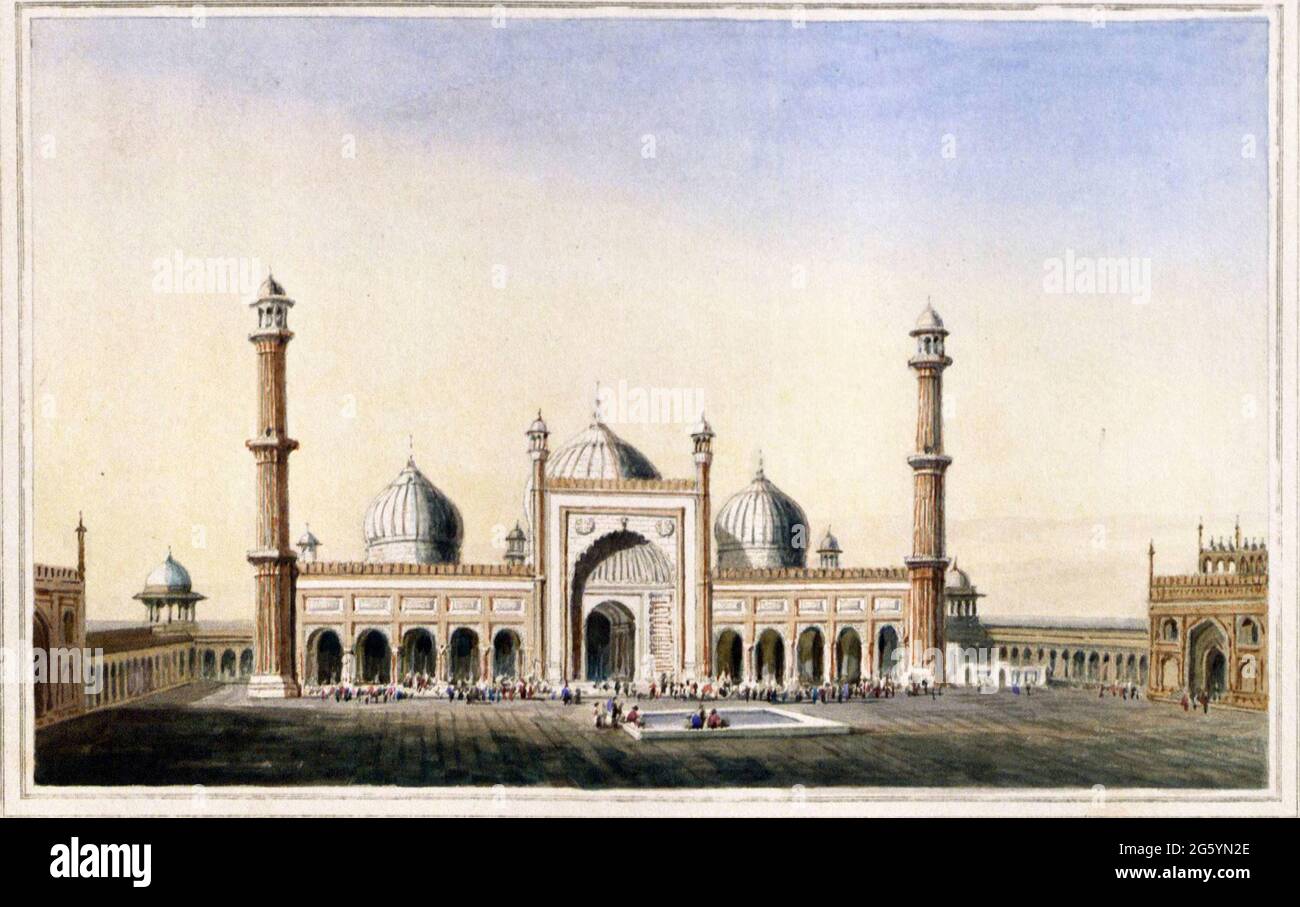 The Jummah Musjed, Delhi, January 1797 The Jami Masjid, the largest mosque in India, was built between 1644 and 1658, as the principal monument of Delhi, the new capital of the Mughal emperor Shah Jahan, established in 1638. The Mosque stands on a high platform on a rock and has three huge gateways approached by broad flights of steps that lead to a big courtyard. The minarets and domed prayer-hall are ornamented in white marble and deep red standstone and the doors are decorated with brass carvings.  From the book ' Oriental scenery: one hundred and fifty views of the architecture, antiquitie Stock Photo