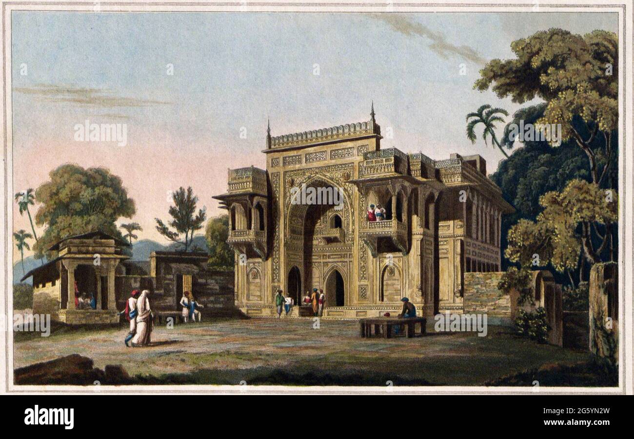 Gate leading to a Musjed, at Chunar Ghur, January 1797  The ancient fortress of Chunargarh, on a bold rock on the Ganges just before it reaches Varanasi, was strongly fortified by Akbar and represented the gateway to his Eastern Indian provinces. In 1606 Shah Qasim Sulamaini, a famous pious figure, died here and his followers built him a funerary complex. The entrance is a magnificent structure with a pointed arch in the middle, completely decorated with relief patterns of different designs. The artist commented, '...the effect of this gate, at a distance, is grand, from the bold projection of Stock Photo