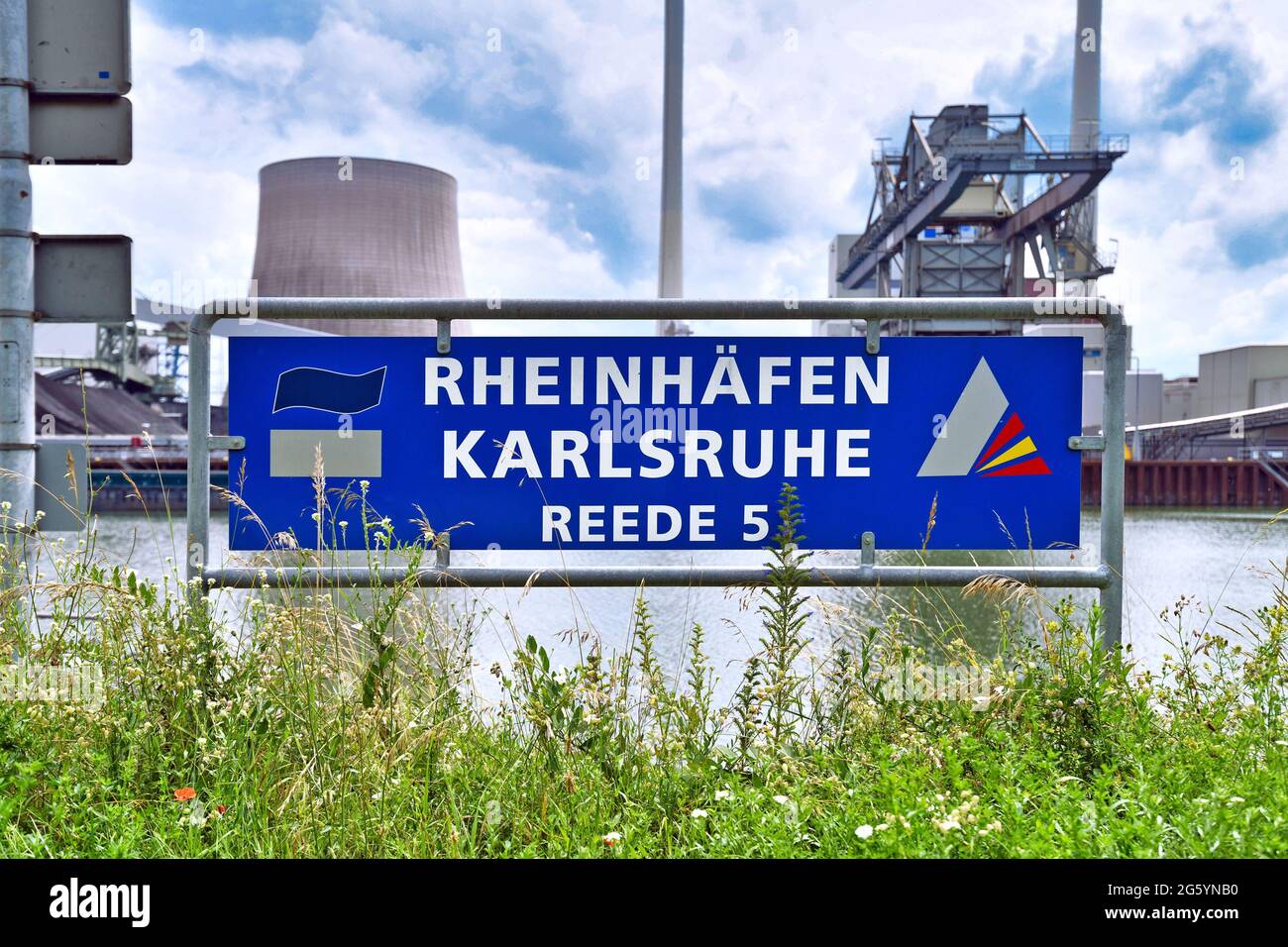 Karlsruhe Germany - Sign at industrial Rhine river harbor roadstead no. 5 saying 'Rheinhäfen Karlsruhe Reede 5' Stock Photo