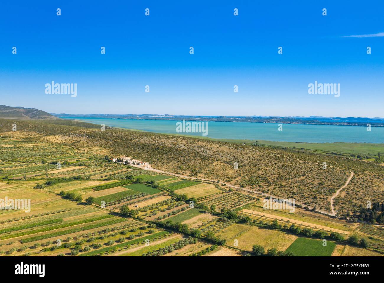 Aerial view of Vransko lake and agriculture fields, Dalmatia, Croatia Stock Photo