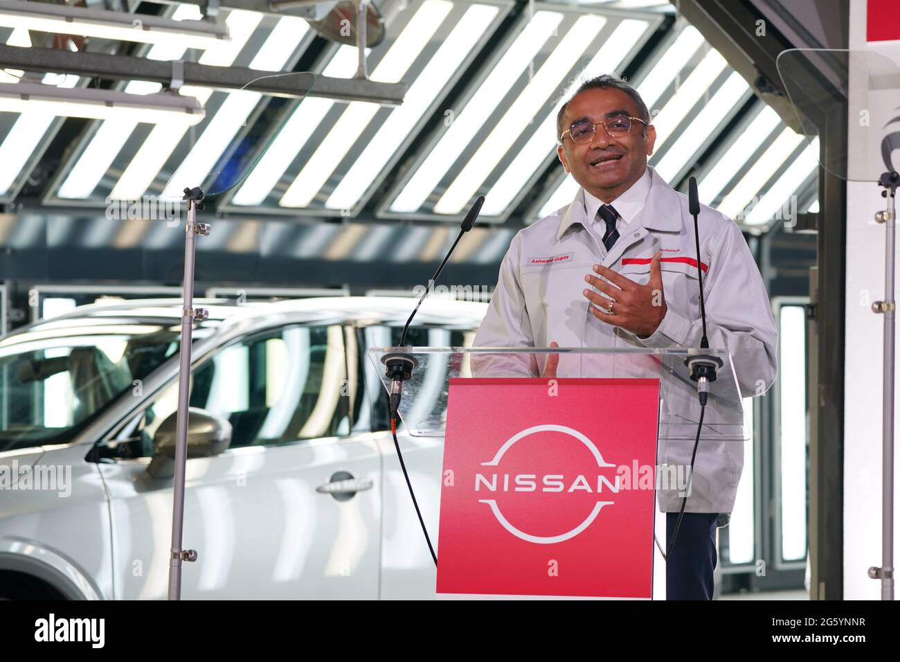 Nissan's Chief Operating Officer Ashwani Gupta announcing that the Japanese car giant is to build a new electric model and huge battery plant in the UK in a massive boost to the automotive industry. Picture date: Thursday July 1, 2021. More than 1,600 jobs will be created in Sunderland and an estimated 4,500 in supply companies under an investment of £1 billion. Stock Photo