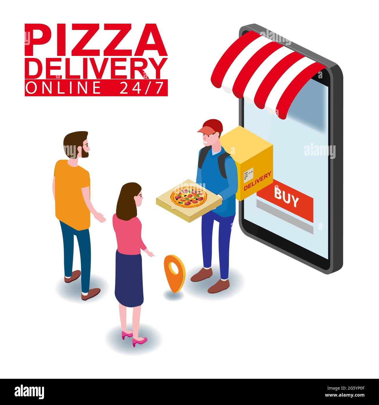 Pizza Delivery Service Isometric concept. Courier gives from smartpnone ...