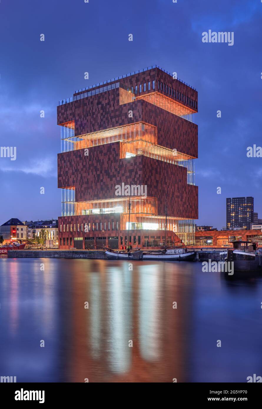 ANTWERP-JUNE 5, 2018. MAS Museum Antwerp at twilight. It is the biggest ...