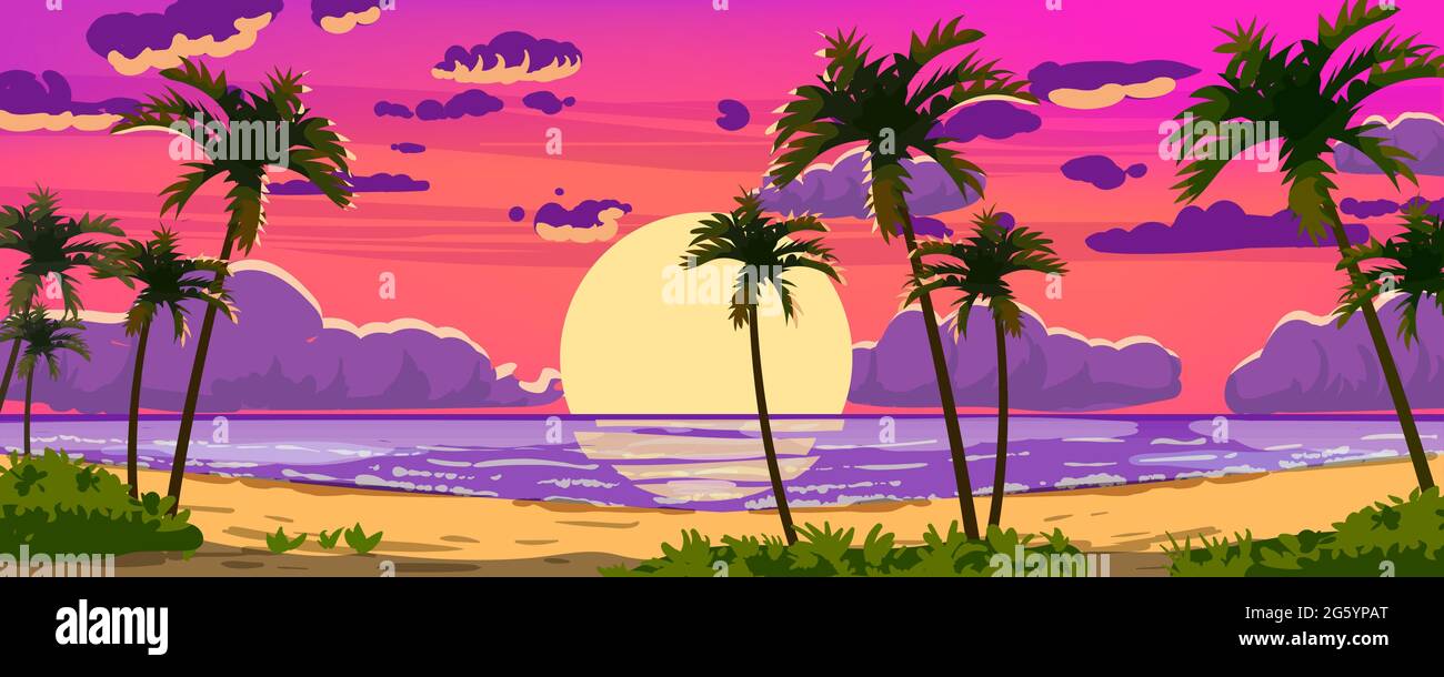 Sunset silhouette pink tropical sky palms Stock Vector Images - Alamy