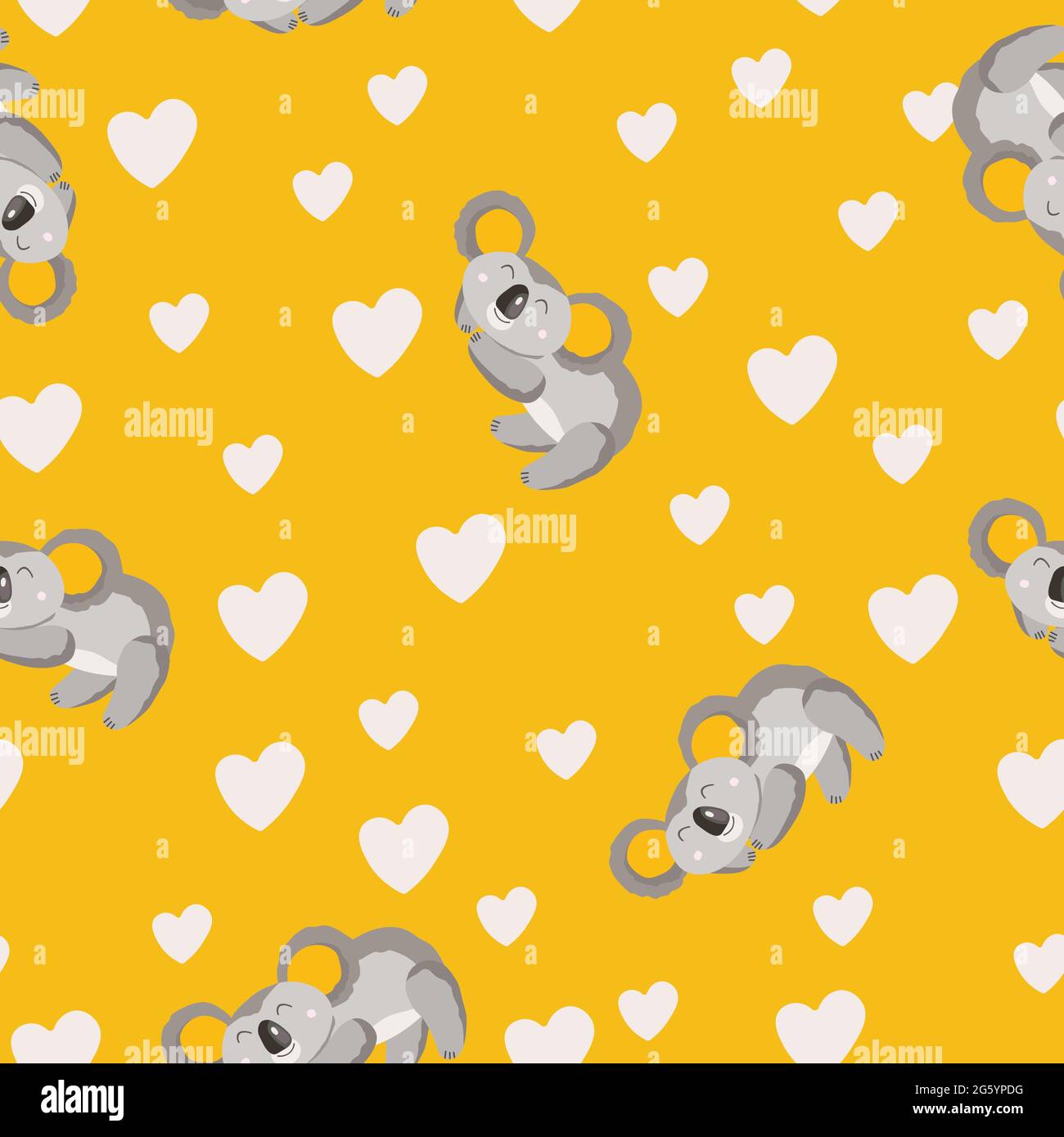 Seamless pattern with cute koala baby and hearts on yellow background ...