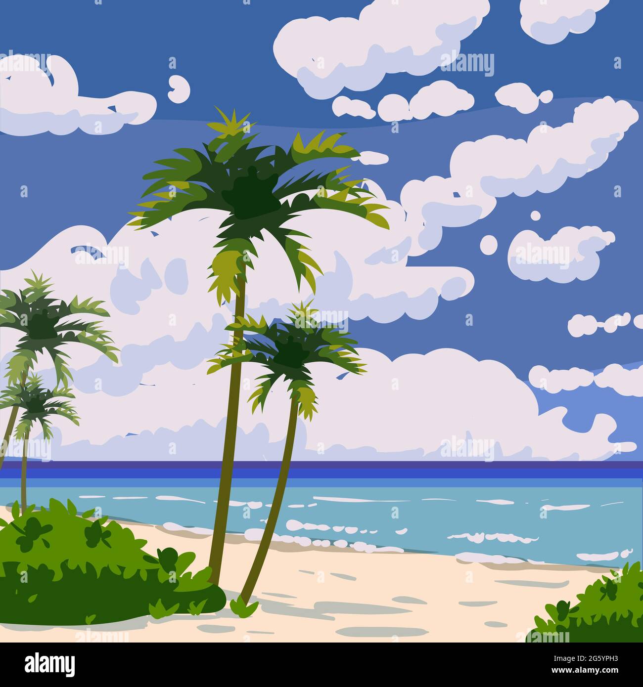 Tropical beach summer resort, seashore sand, palms, waves. Ocean, sea exotical beach landscape, clouds, nature. Vector illustration Stock Vector