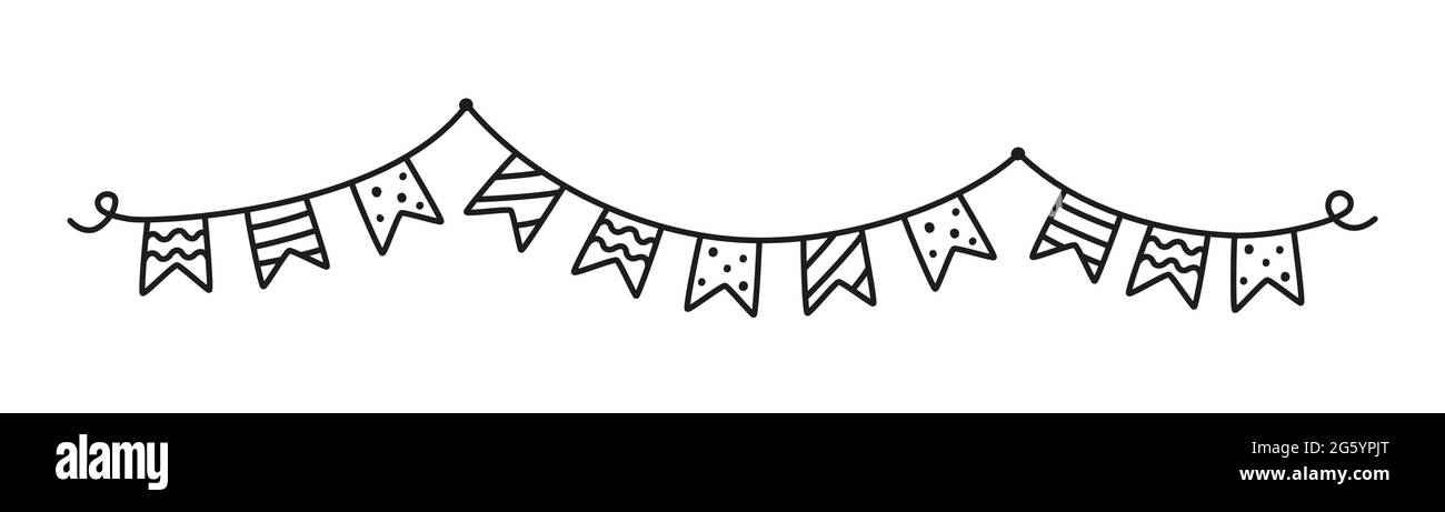 Hand drawn holiday bunting. Doodle birthday garland of flags. Children doodle drawing. Isolated vector illustration on white background Stock Vector