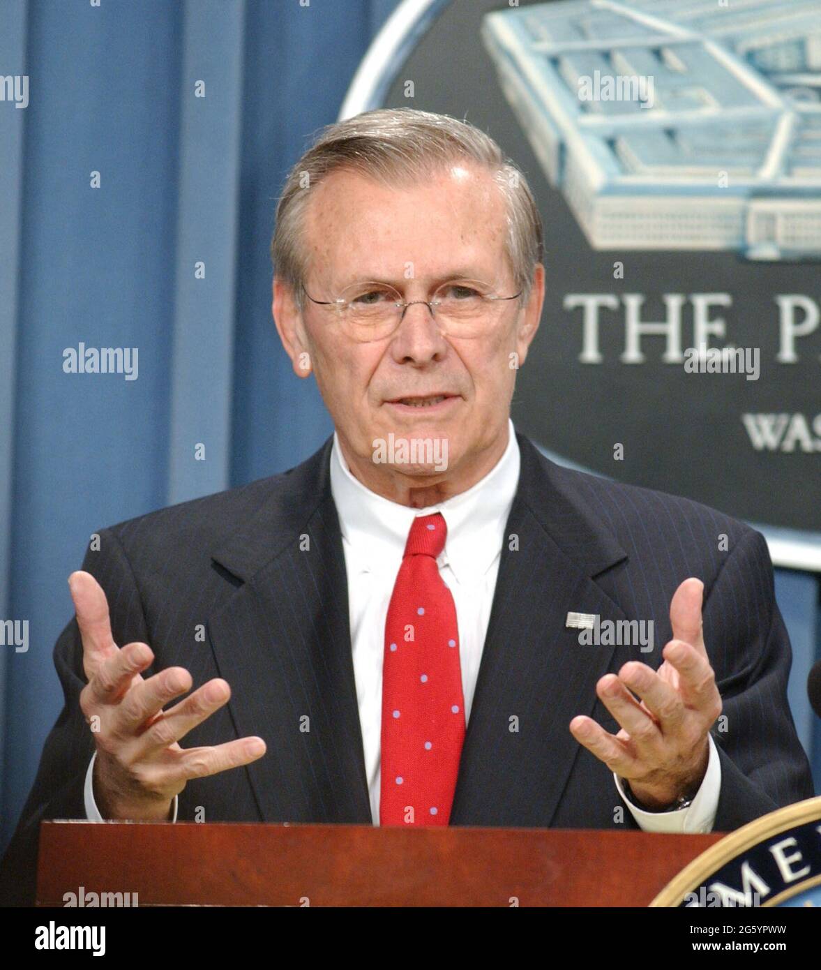 File photo dated March 20, 2003 of U.S. Secretary of Defense Donald Rumsfeld and Chairman of the Joint Chiefs of Staff Richard Myers brief reporters at the Pentagon in Washington, DC, USA. Donald Rumsfeld, the acerbic architect of the Iraq war and a master Washington power player who served as US secretary of defense for two presidents, has died at the age of 88. Photo by Ron Sachs/CNP/ABACAPRESS.COM Stock Photo