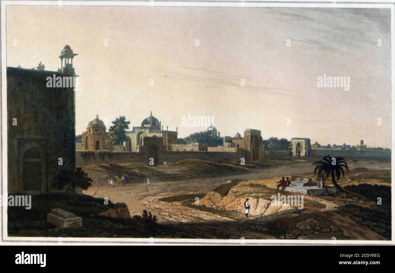 View at Delhi, near the Mausoleum of the Emperor Humaioon, 1801 From the book ' Oriental scenery: one hundred and fifty views of the architecture, antiquities and landscape scenery of Hindoostan ' by Thomas Daniell, and William Daniell, Published in London by the Authors May 1, 1813 Stock Photo