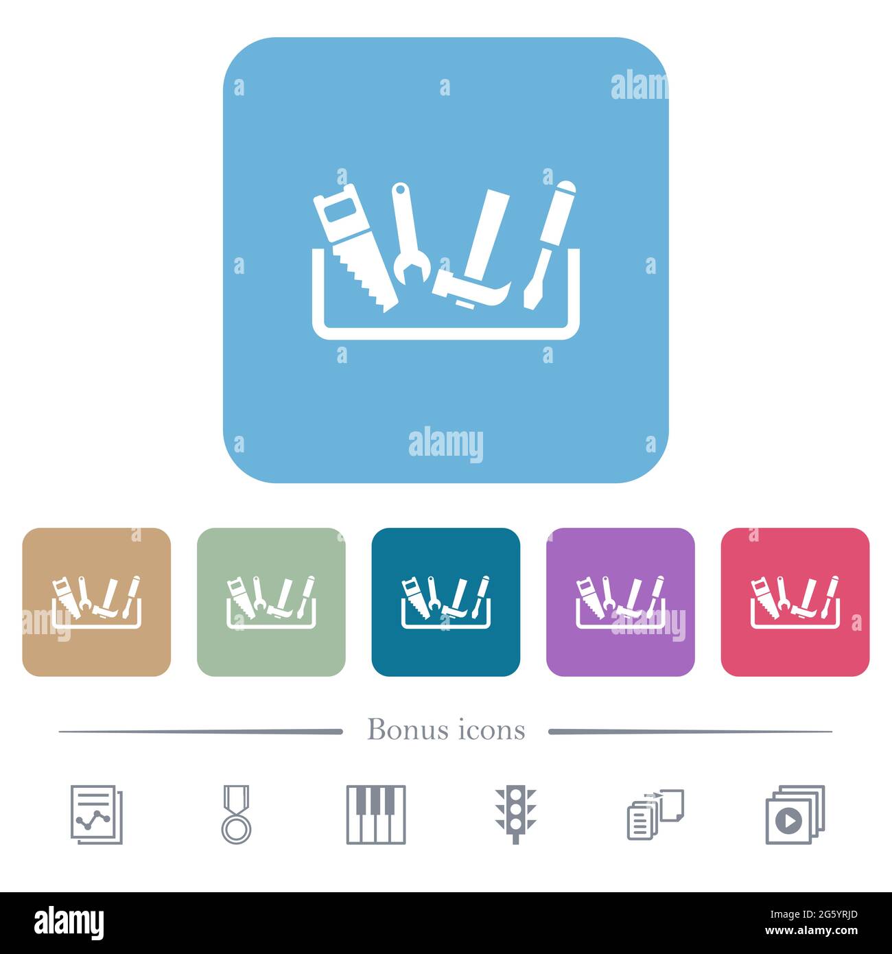 Toolbox white flat icons on color rounded square backgrounds. 6 bonus ...