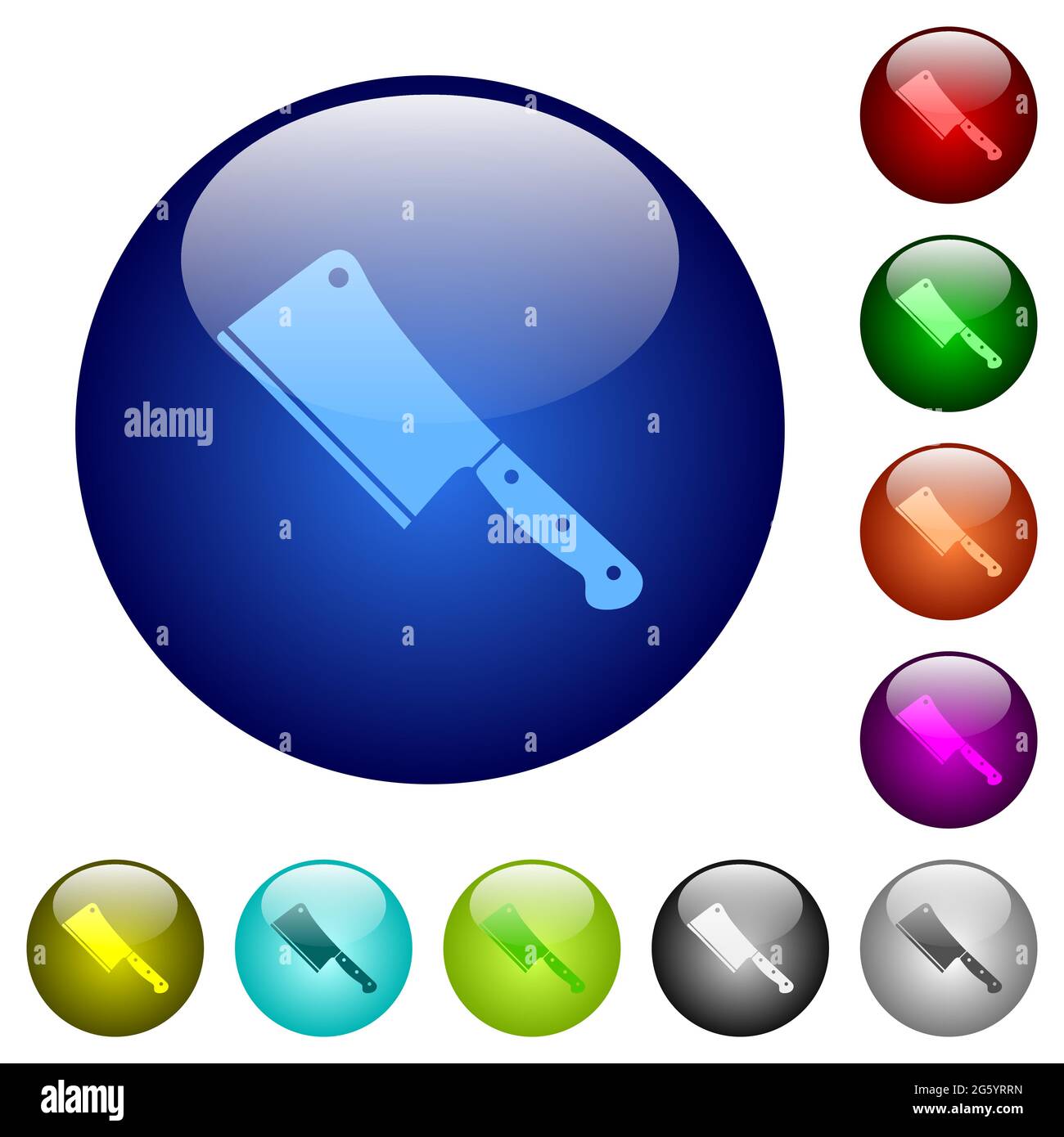 Meat cleaver knife icons on round glass buttons in multiple colors ...