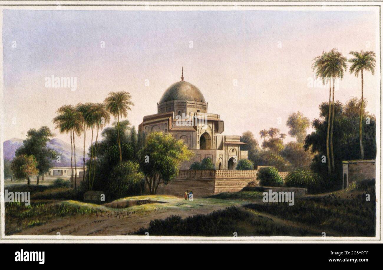 Mausoleum Of Kausim Solemanee, At Chunar Gur; Shah Qasim Sulaimani was a saint of great fame during the reigns of Akbar and Jahangir. The latter suspected him of favouring the claims to the throne of his son Khusrau, and imprisoned him in the fortress of Chunar in 1606 where he died the following year. His tomb is half a mile south-west of the fort. The domed unadorned tomb is elevated on a broad terrace with sandstone screen carvings. From the book ' Oriental scenery: one hundred and fifty views of the architecture, antiquities and landscape scenery of Hindoostan ' by Thomas Daniell, and Will Stock Photo