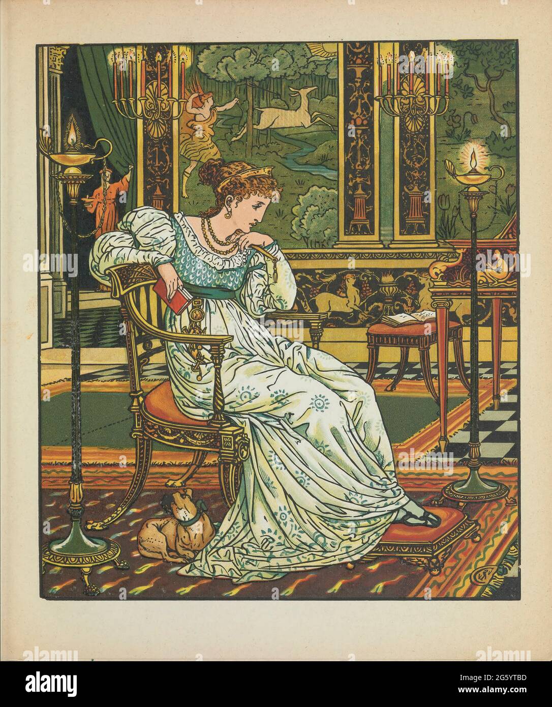 The Hind in the Woods AKA The White Doe or The Doe in the Woods is a French literary fairy tale written by Madame d'Aulnoy. from the book ' The hind in the wood ' by Walter Crane Originally written by Madame d' Aulnoy (Marie-Catherine) Stock Photo