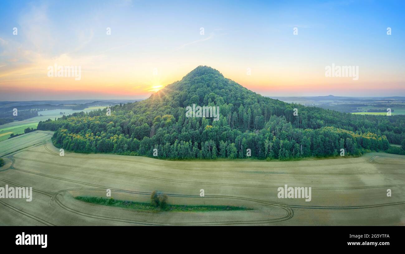 Aerial view of Ostrzyca Proboszczowska - extinct volcano, or rather a volcanic chimney located in Lower Silesia, Poland Stock Photo
