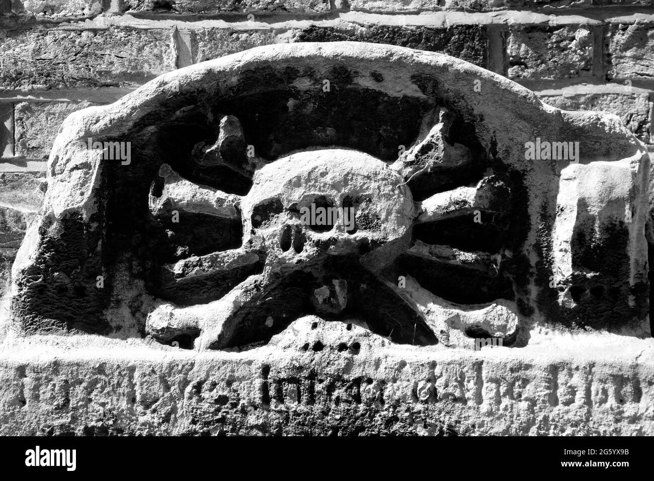 Skull and crossbones gravestone in the former churchyard of St Mary's
