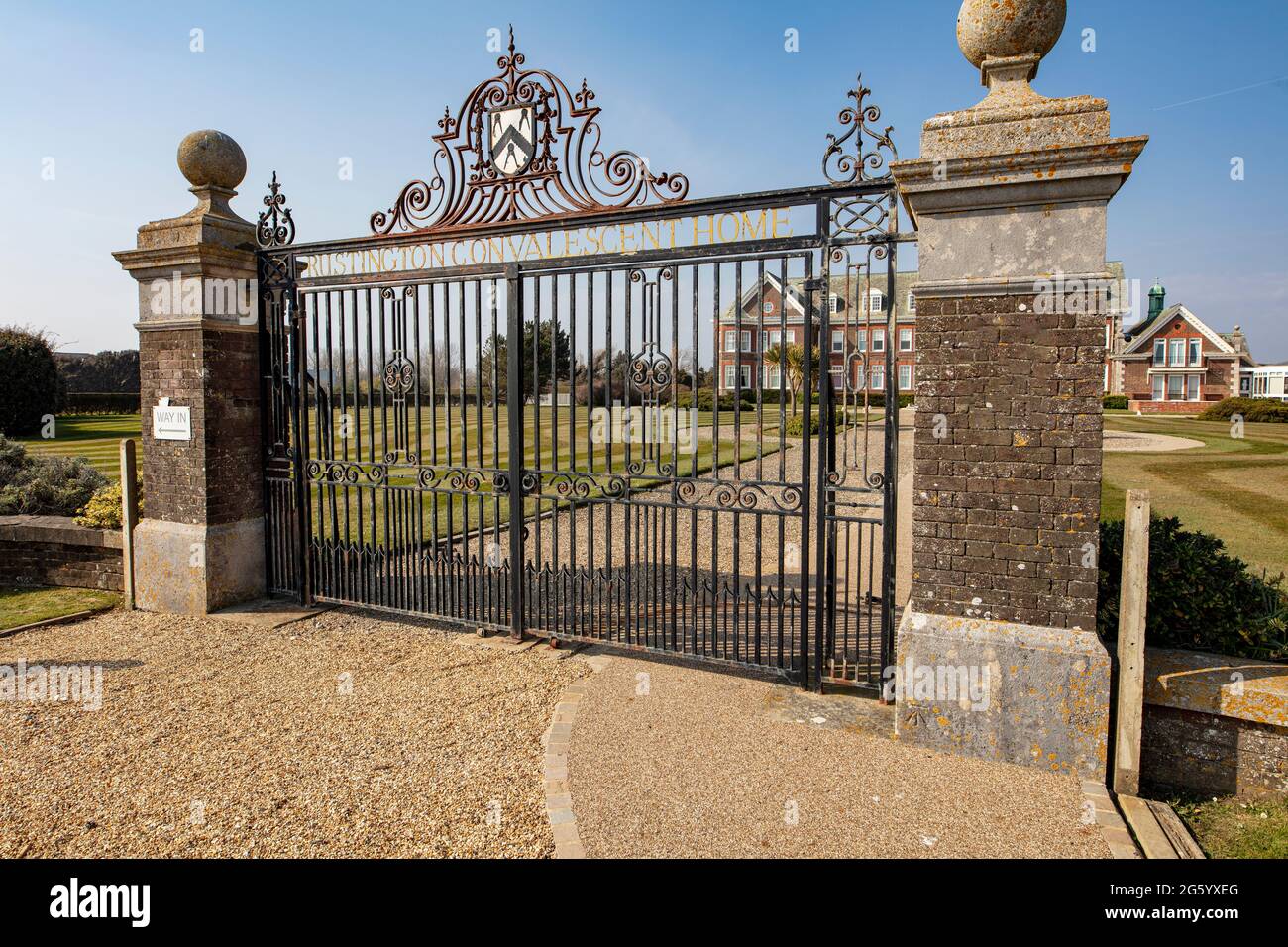 Large, wrought-iron front gates of Rustington Convalescent Home, Littlehampton, UK; built 1897 by Sir Henry Harben, designed by Frederick Wheeler Stock Photo