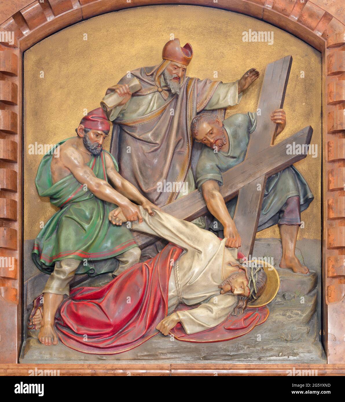 VIENNA, AUSTIRA - JUNI 18, 2021: The relief of Jesus fall under the cross in the Herz Jesu church from begin of 20. cent. by Workroom from Munich. Stock Photo