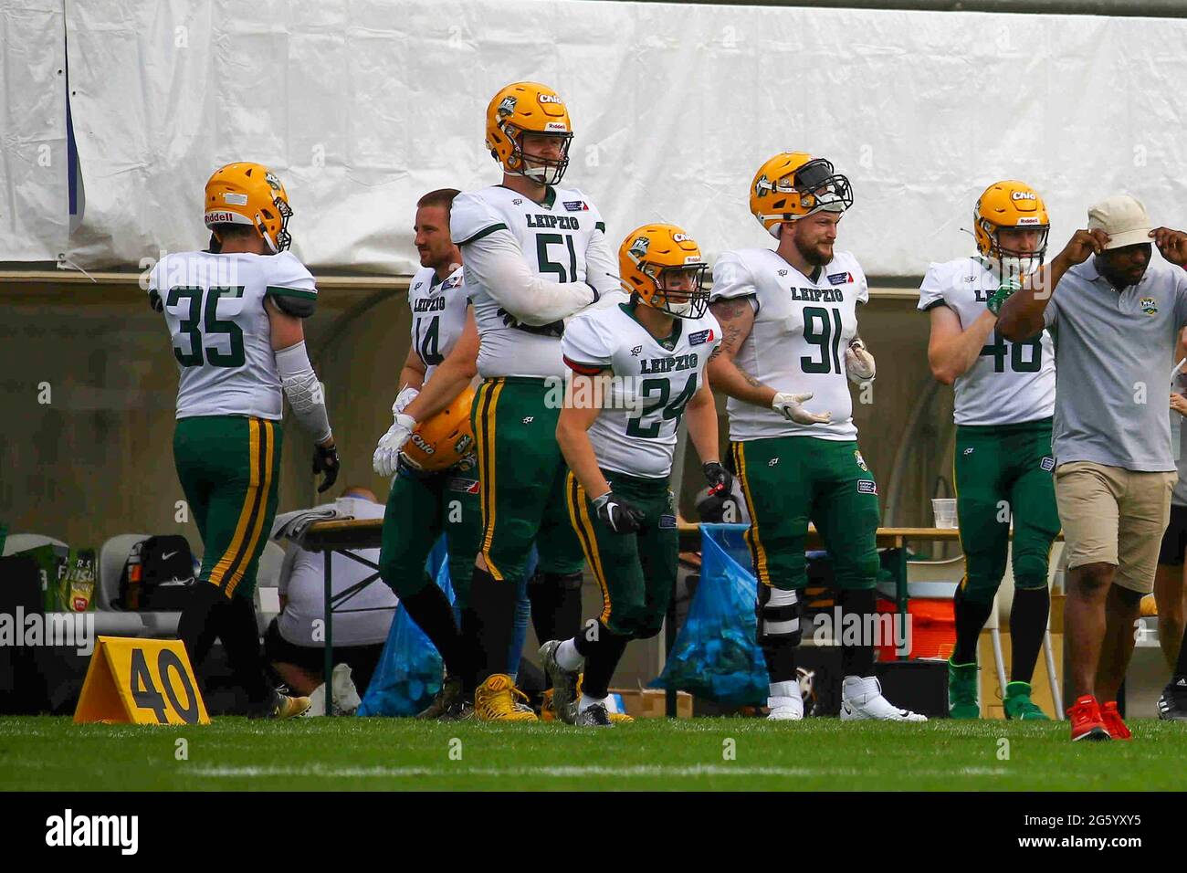 Berlin, Germany. 20th June, 2021. American Football: Professional League ELF,  Berlin Thunder - Leipzig Kings, main round, main round games, 1st game day:  Leipzig's Max Bruder (3rd from left). (to "Tough, but