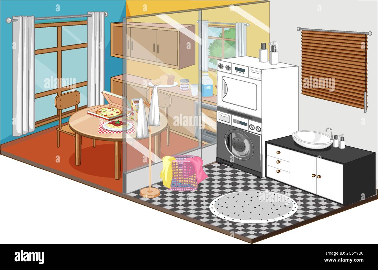 Dining room and laundry room in isometric style illustration Stock Vector