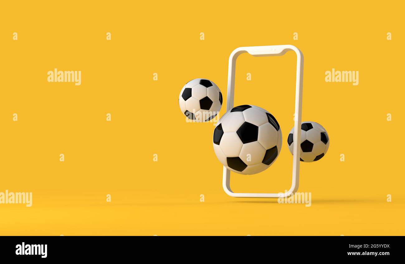 Smartphone with football soccer ball. online game or video stream. 3D Rendering Stock Photo