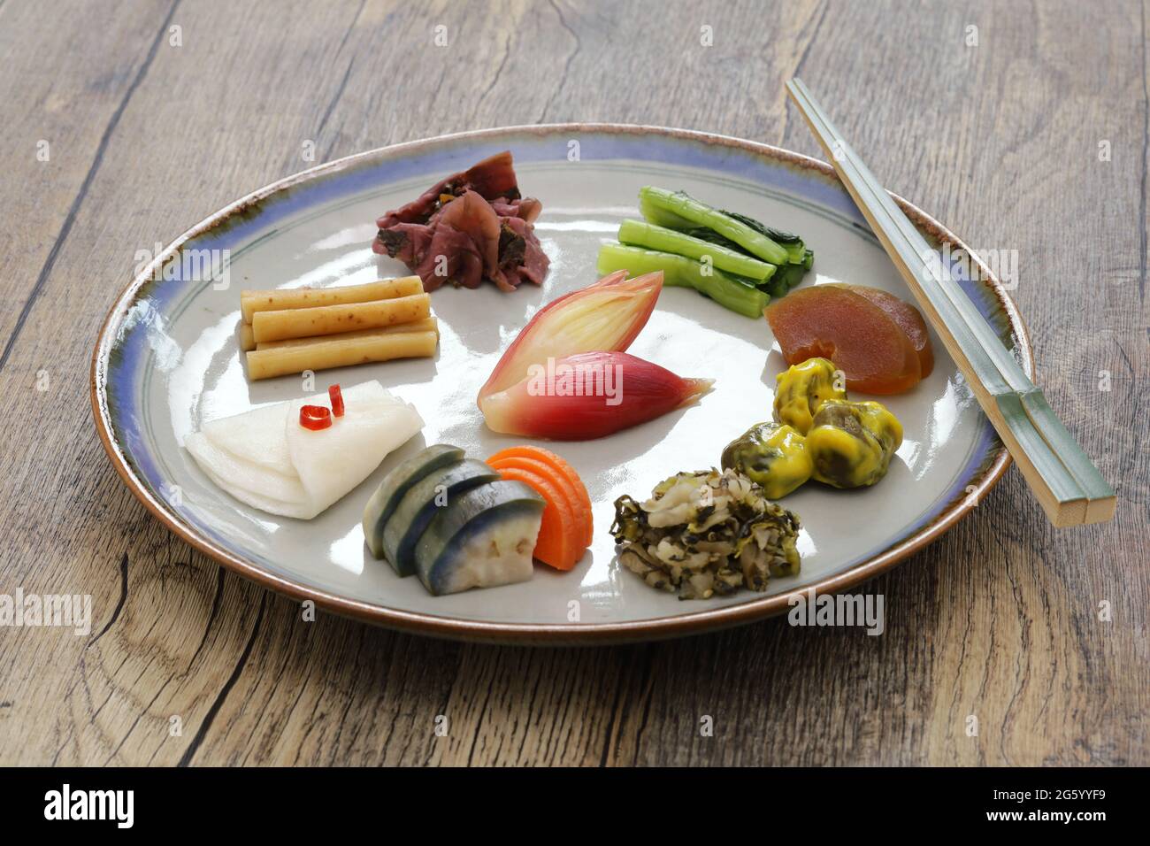 Japanese pickles (Tsukemono) assortment, traditional fermented food