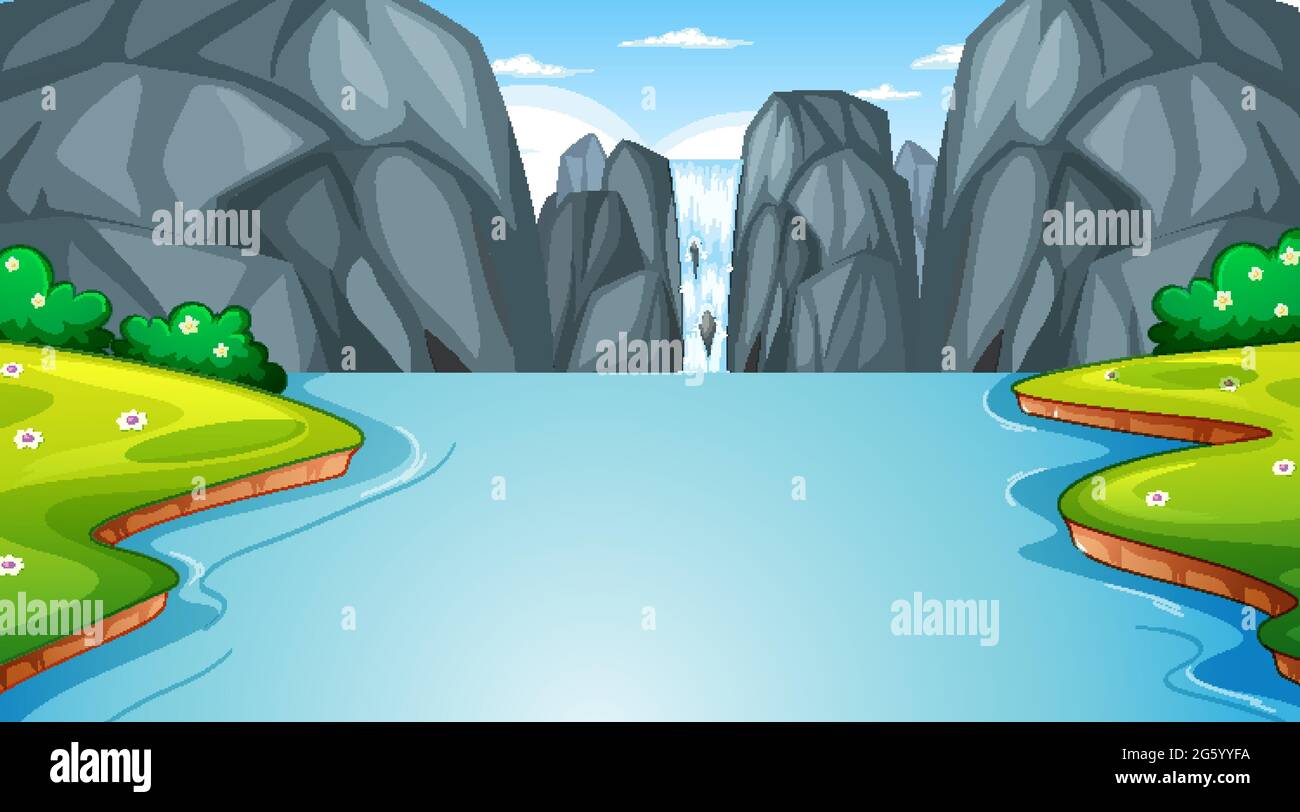 Nature forest landscape at daytime scene with waterfall illustration ...