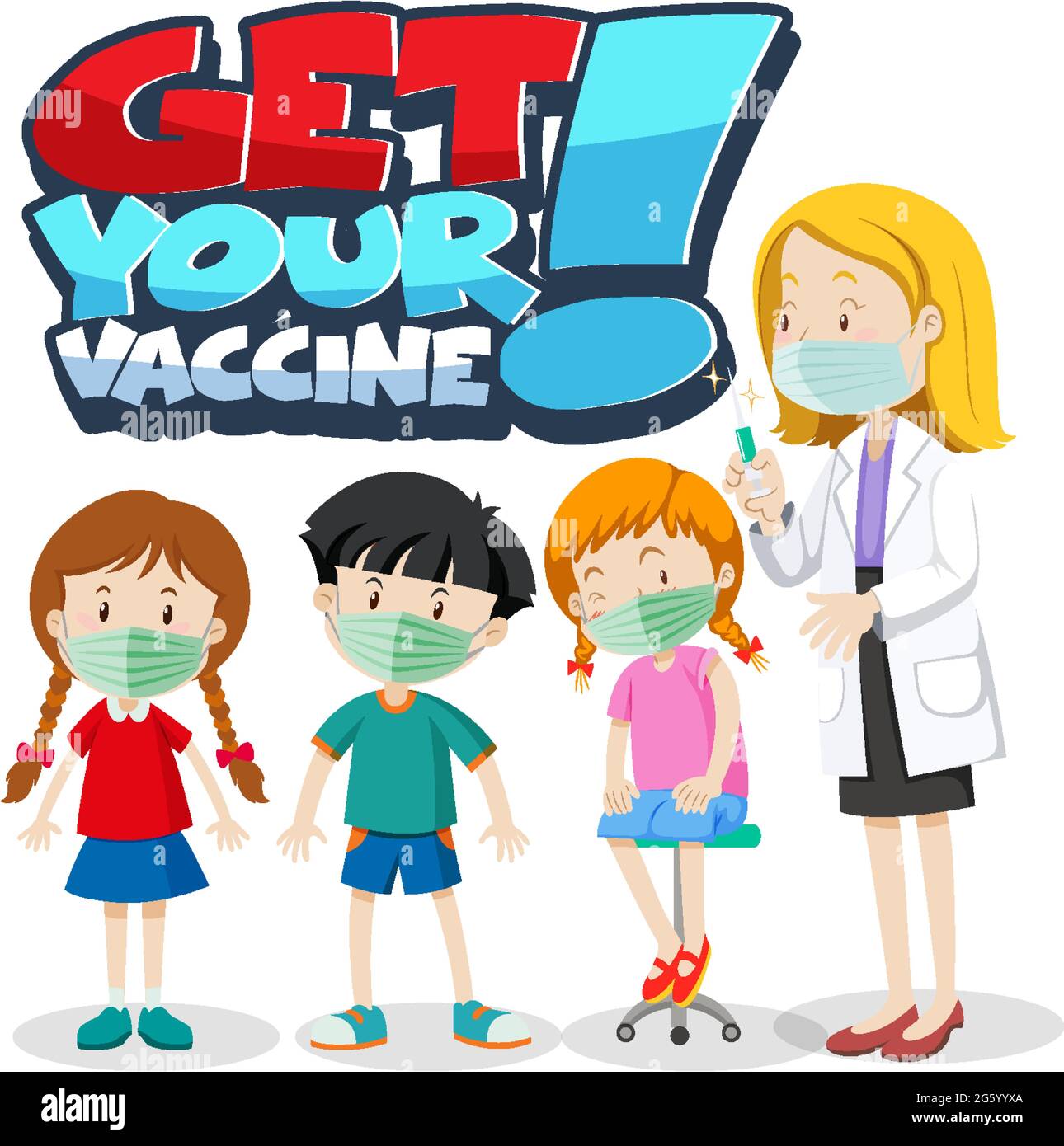 Get Your Vaccine font banner with kids and doctors cartoon character  illustration Stock Vector Image & Art - Alamy