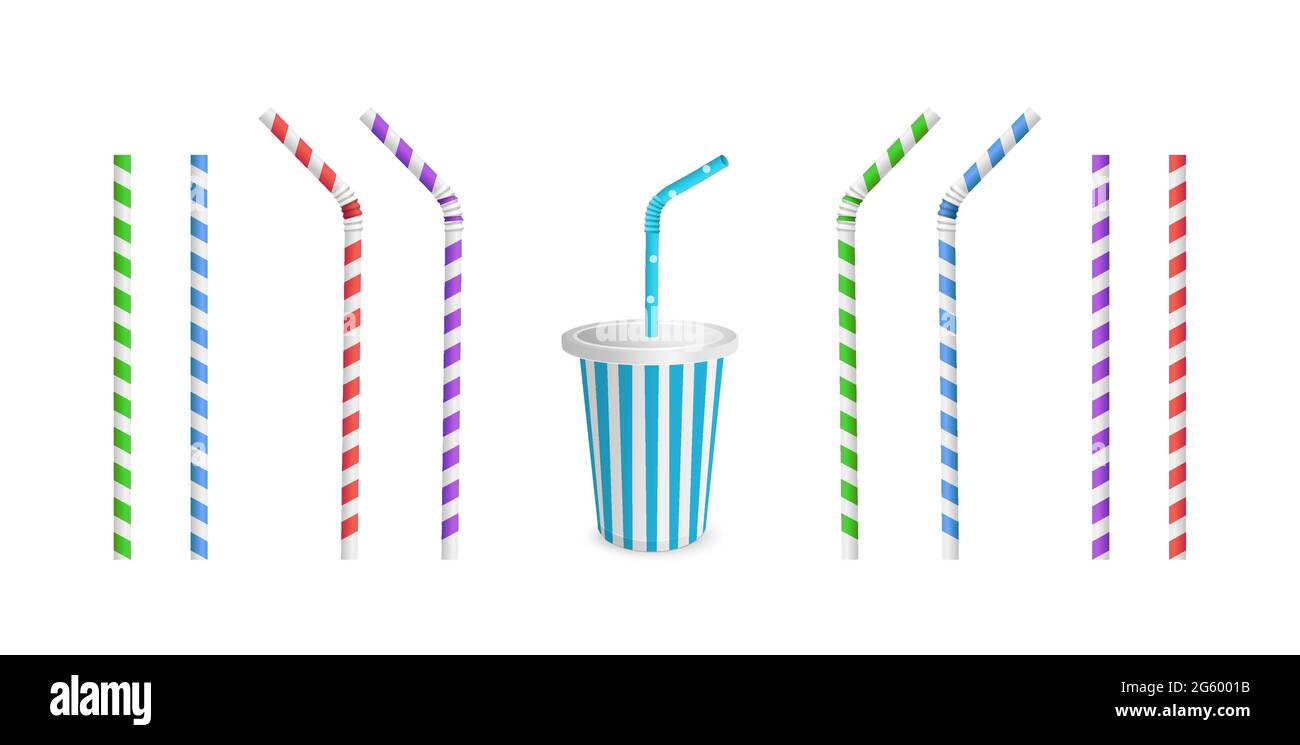 Drinking Striped and color straws for beverage. Straw and cup isolated on white background. Plastic fast food cup for cocktail or soda with straw. Stock Vector