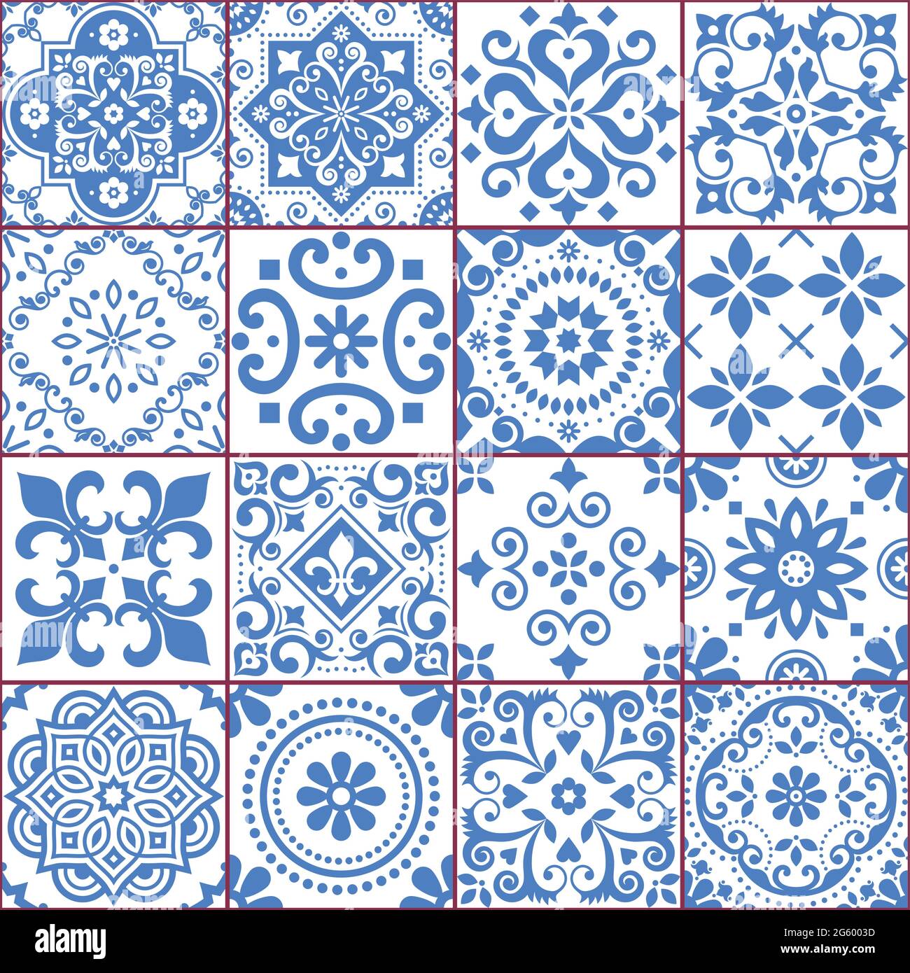 Portuguese and Spanish azulejo tiles seamless vector pattern collection in blue and white, traditional floral design big set inspired by tile art from Stock Vector