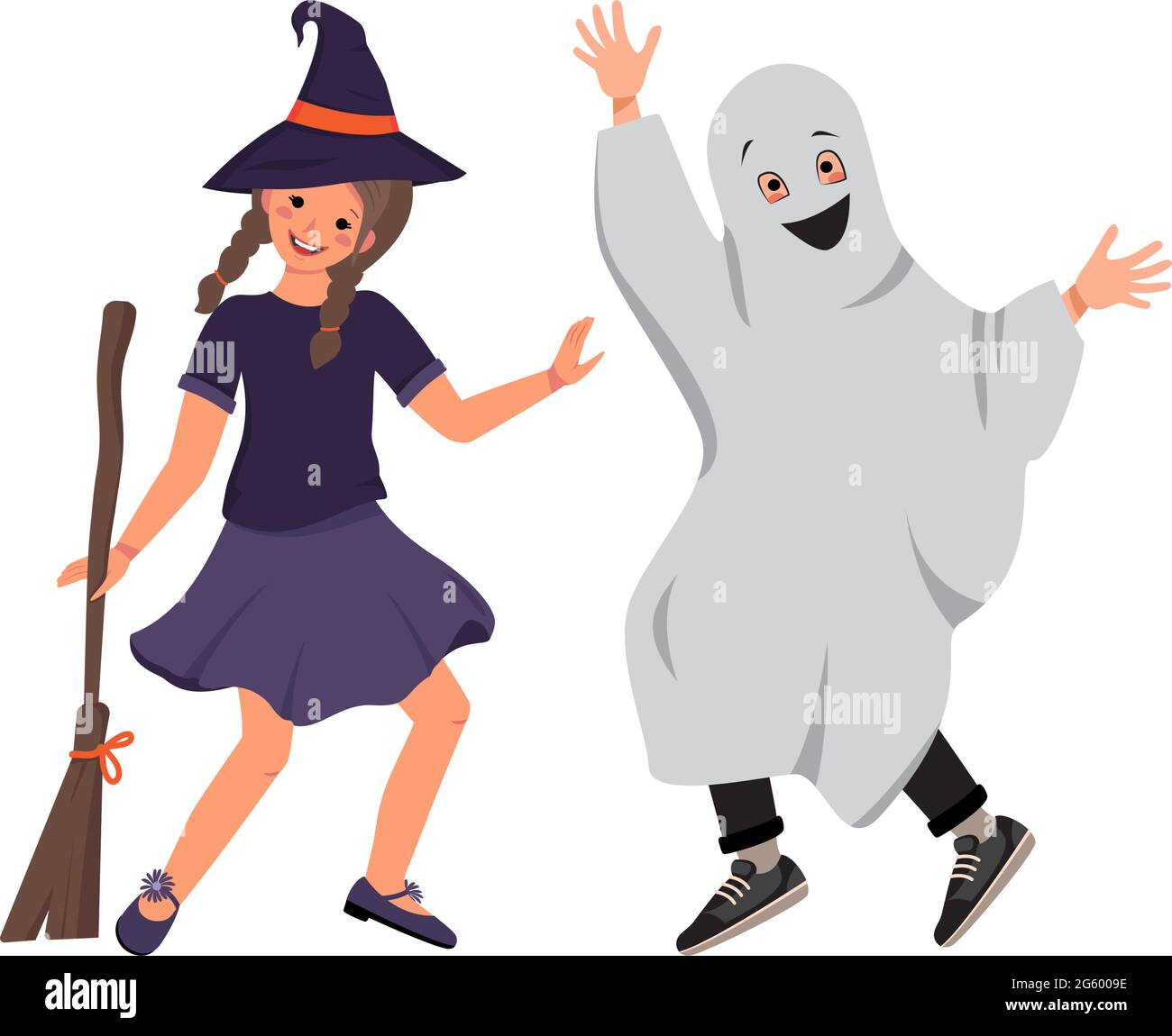A girl in a witch costume in a hat and a broom and a boy in ghost clothes from a sheet with a smile and eyes on the Halloween holiday Stock Vector