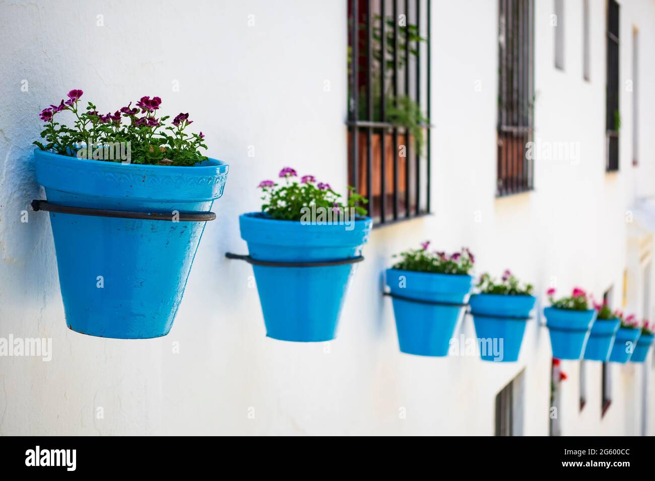 Flower pot hanging on a wall in a Mijas street Stock Photo Alamy