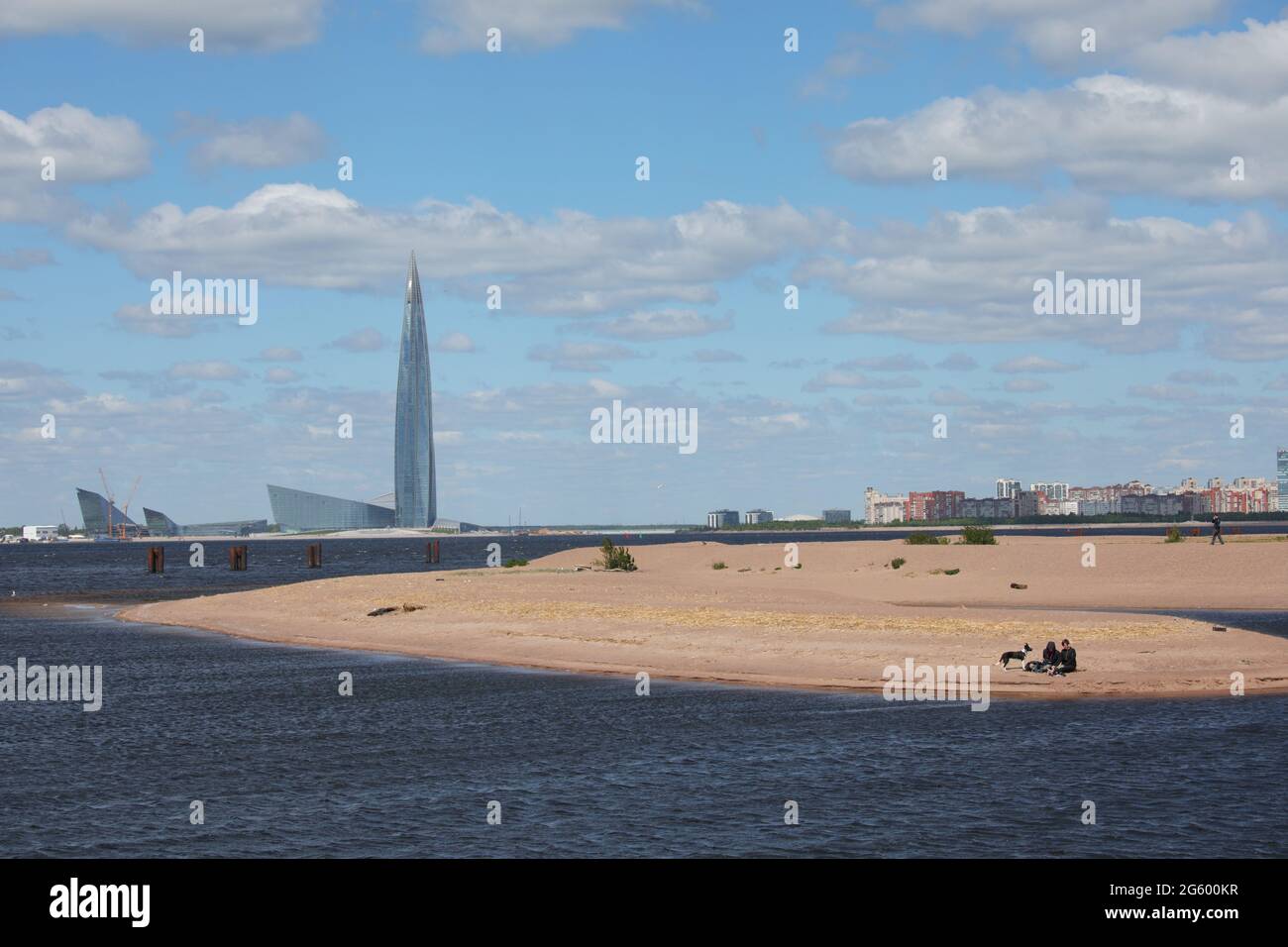 St. Petersburg, Russia, 31th May, 2020: Gazprom Tower dominating over the cityscape viewed from the estuary of Smolenka river Stock Photo
